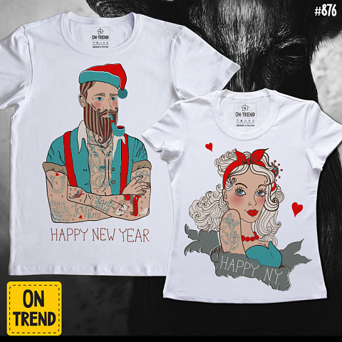 картинка Парные футболки "Новогодние тату" магазин  ON-TREND являющийся производителем одежды из хлопка высшего качества